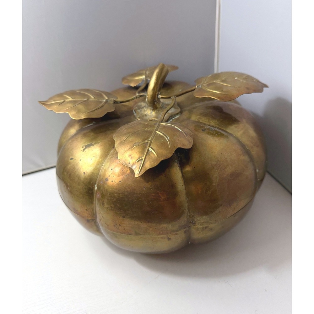 Vintage Brass Pumpkin Fall Decor Divided Lid Gold Tone